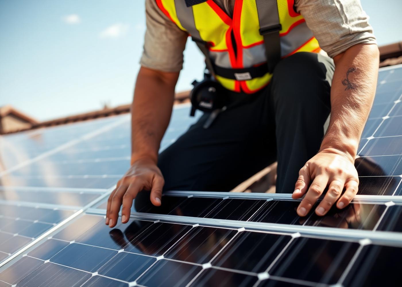 Instalador trabalhando em painéis solares